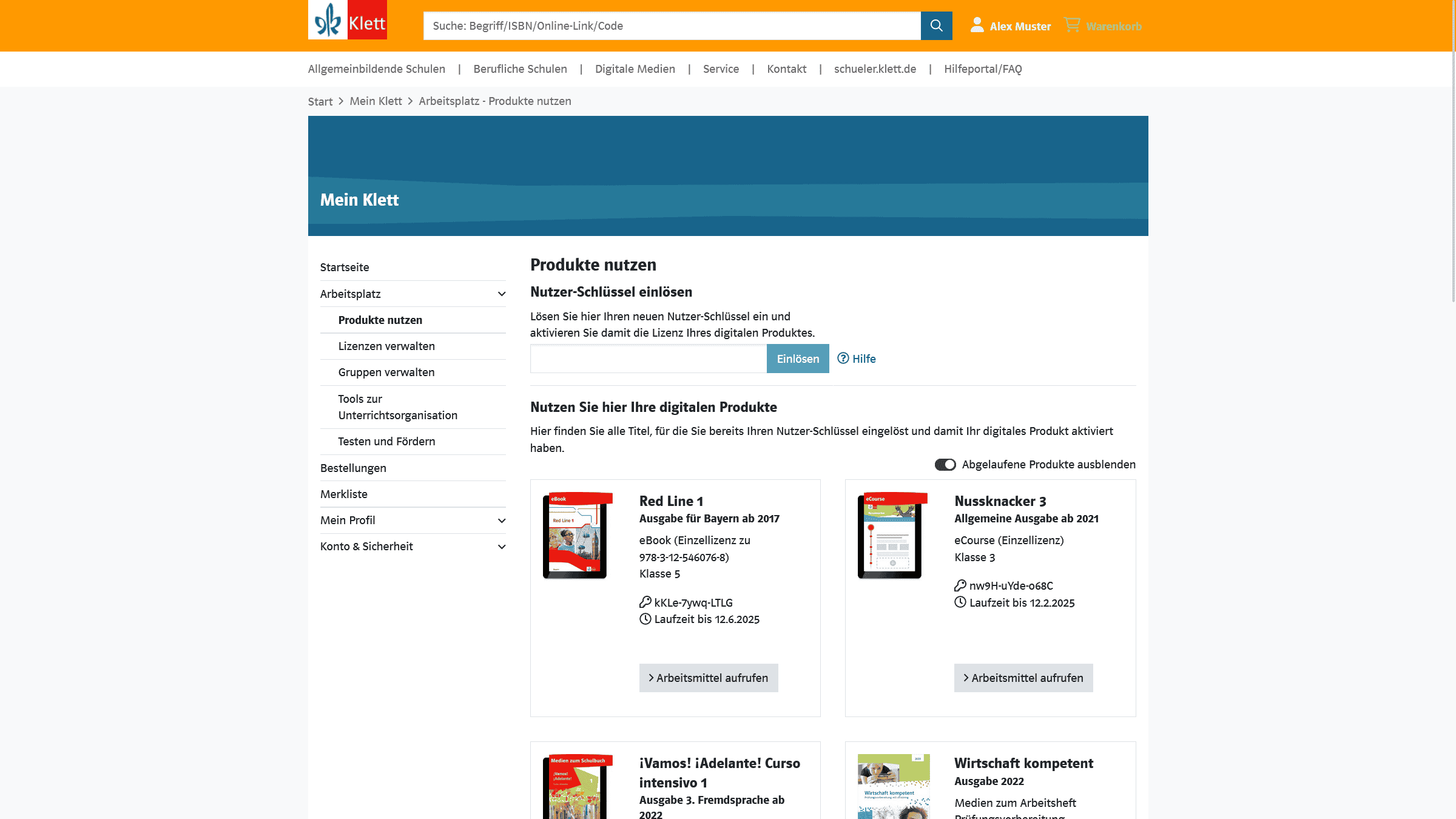 Ein Screenshot vom Klett Arbeitsplatz. Zu sehen sind mehrere digitale Produkte in einer Übersicht.