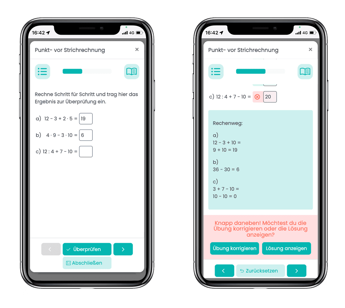 Zwei Smartphones mit Übungsaufgaben aus der App eduactive. Links Aufgaben zur Punkt- und Strichrechnung, rechts Lösungen zu den Aufgaben.