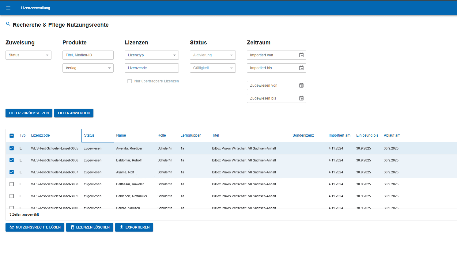 Screenshot der BILDUNGSLOGIN Lizenzverwaltung