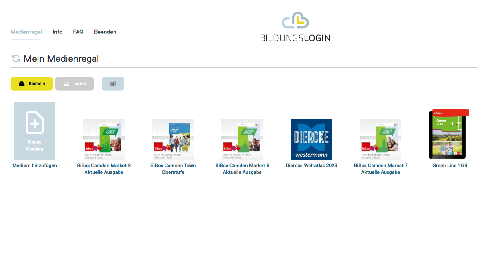 Desktop-Ansicht des BILDUNGSLOGIN Medienregals.