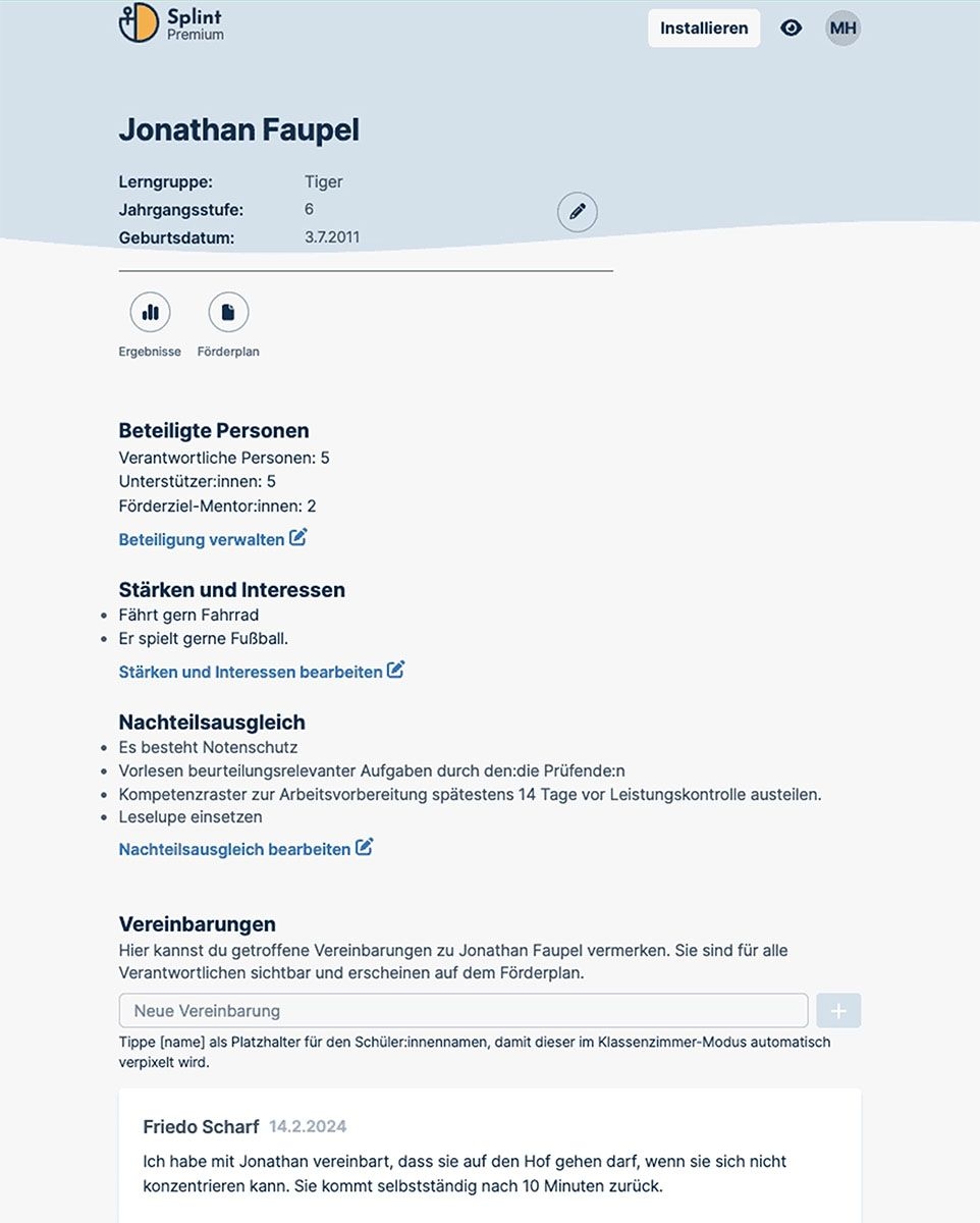 Ein Schülerbericht in Splint. Es sind Beteiligte Personen, Stärken und Interessen, Nachteilsausgleiche und Vereinbarungen zu sehen.