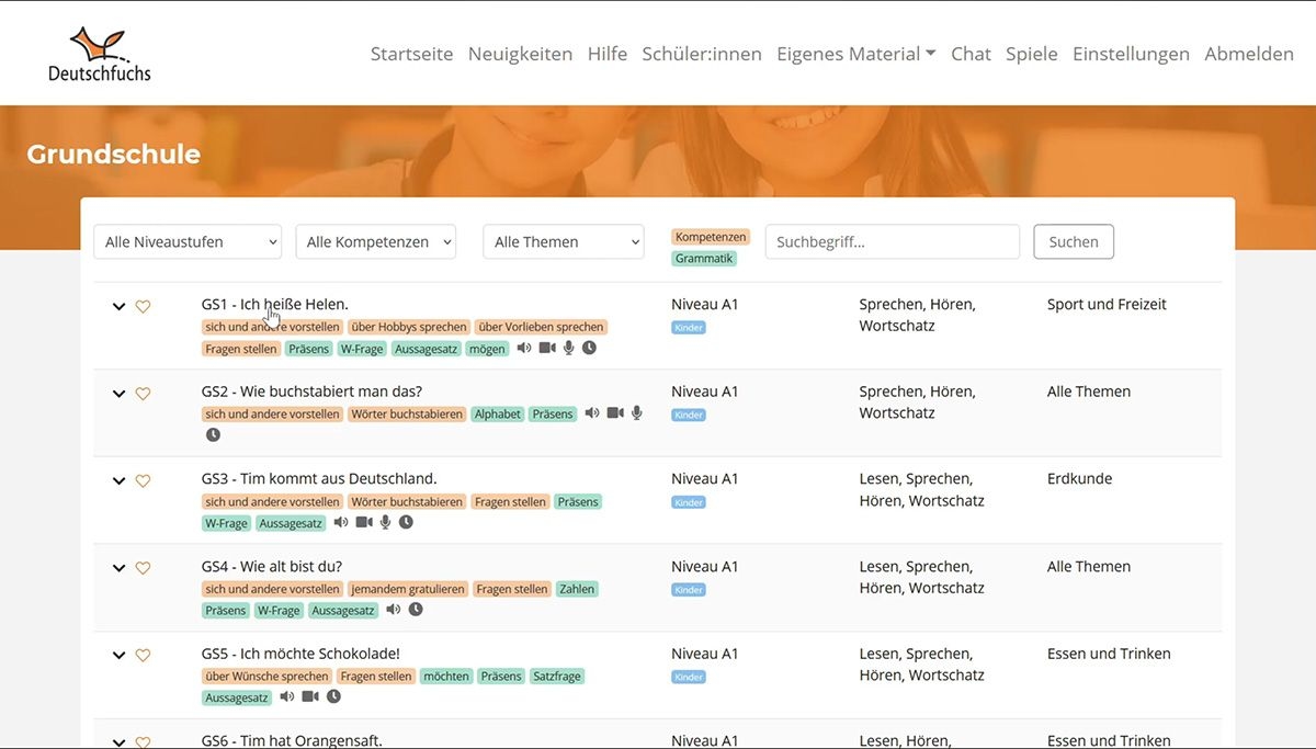 Ein Screenshot der App Deutschfuchs. Es ist eine Übersicht über Übungen für die Grundschule zu sehen.