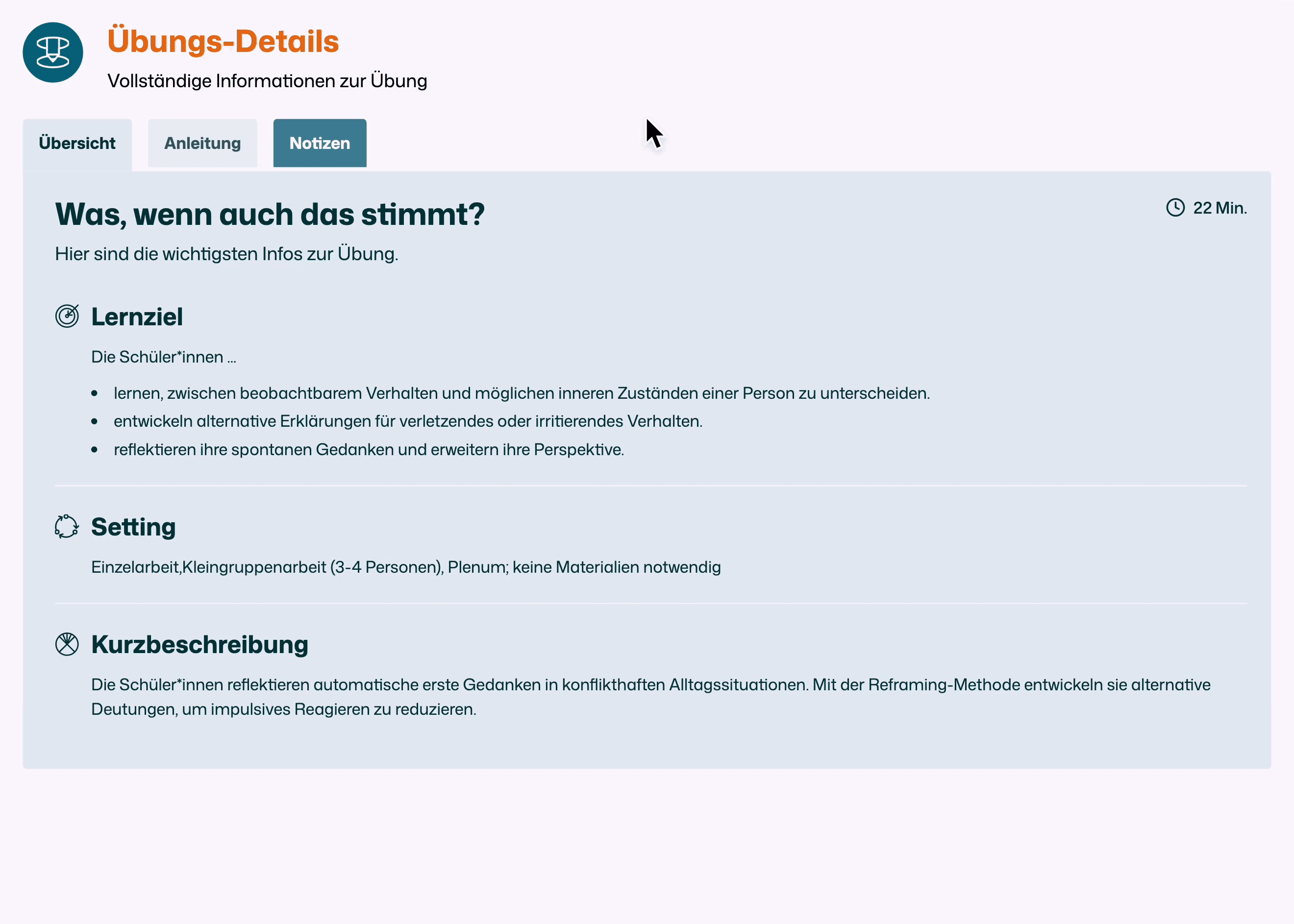 Ein Screenshot aus veridu. Es ist eine Übungsübersicht zu sehen.